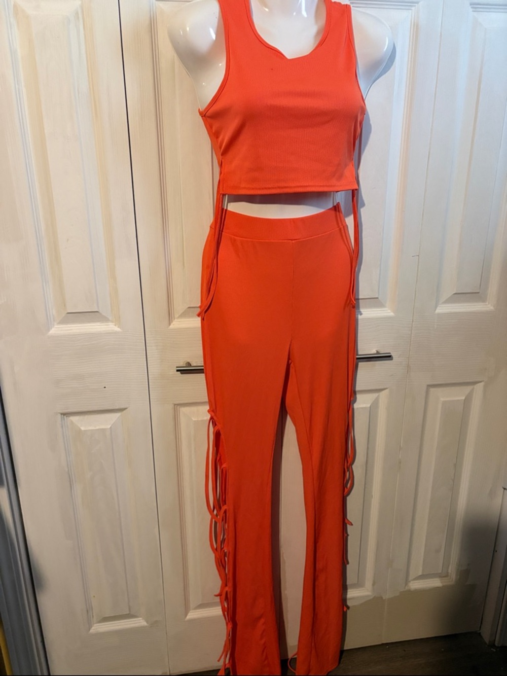 Women's Orange Fringe Side Pants & Crop Tank Set